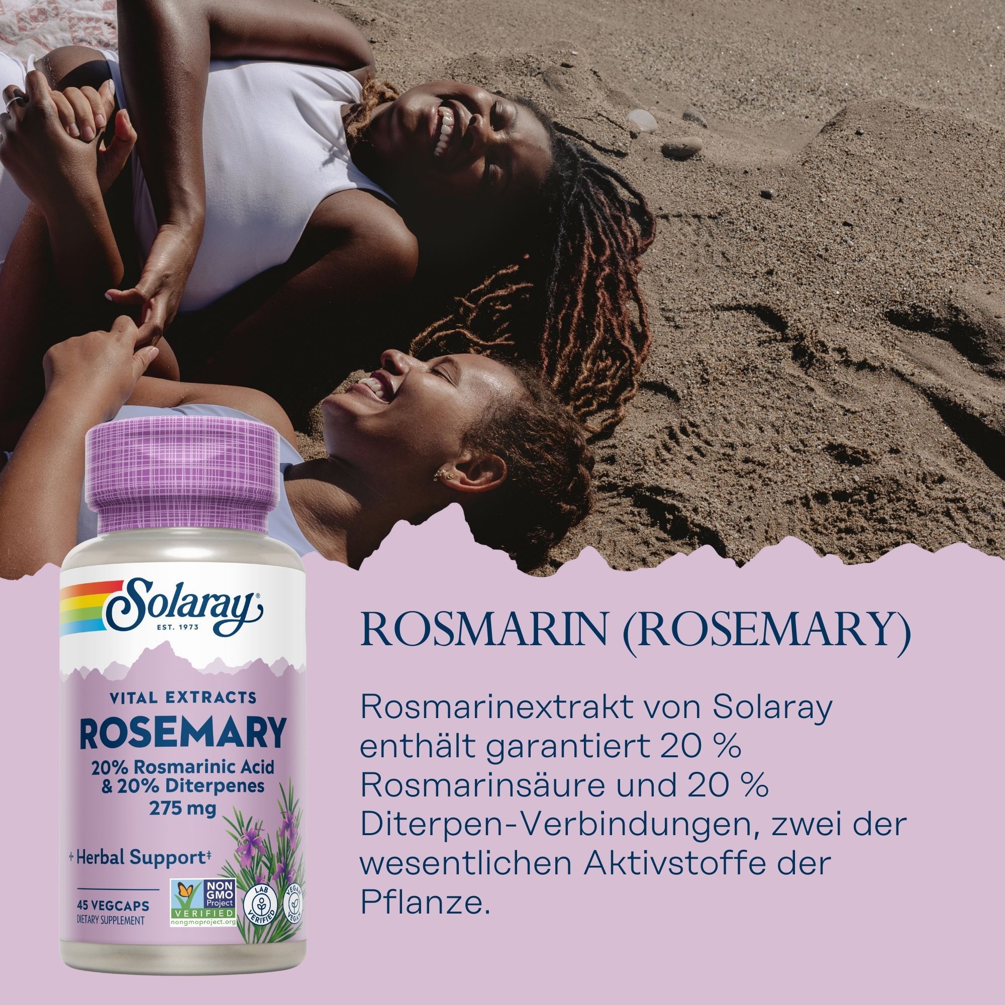 Solaray Rosmarin-Kapseln. Flasche mit lila Deckel, weißem Etikett. Enthält 20% Rosmarinsäure und 20% Diterpene. 45 Vegicaps.