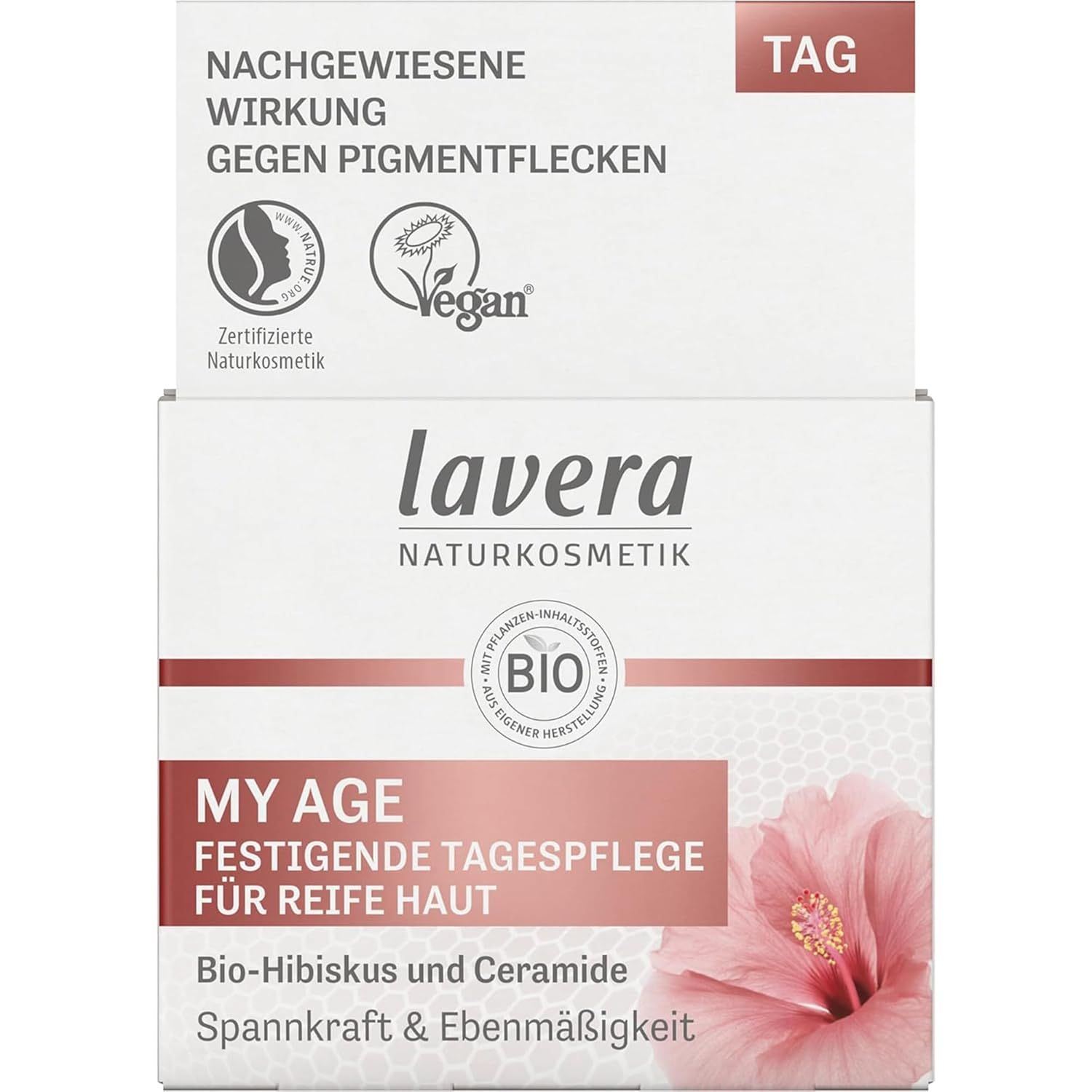 Verpackung von lavera My Age festigende Tagespflege. Aufschrift: Vegan-Siegel, Bio-Siegel, Tag. Produktname und Inhaltsstoffe.