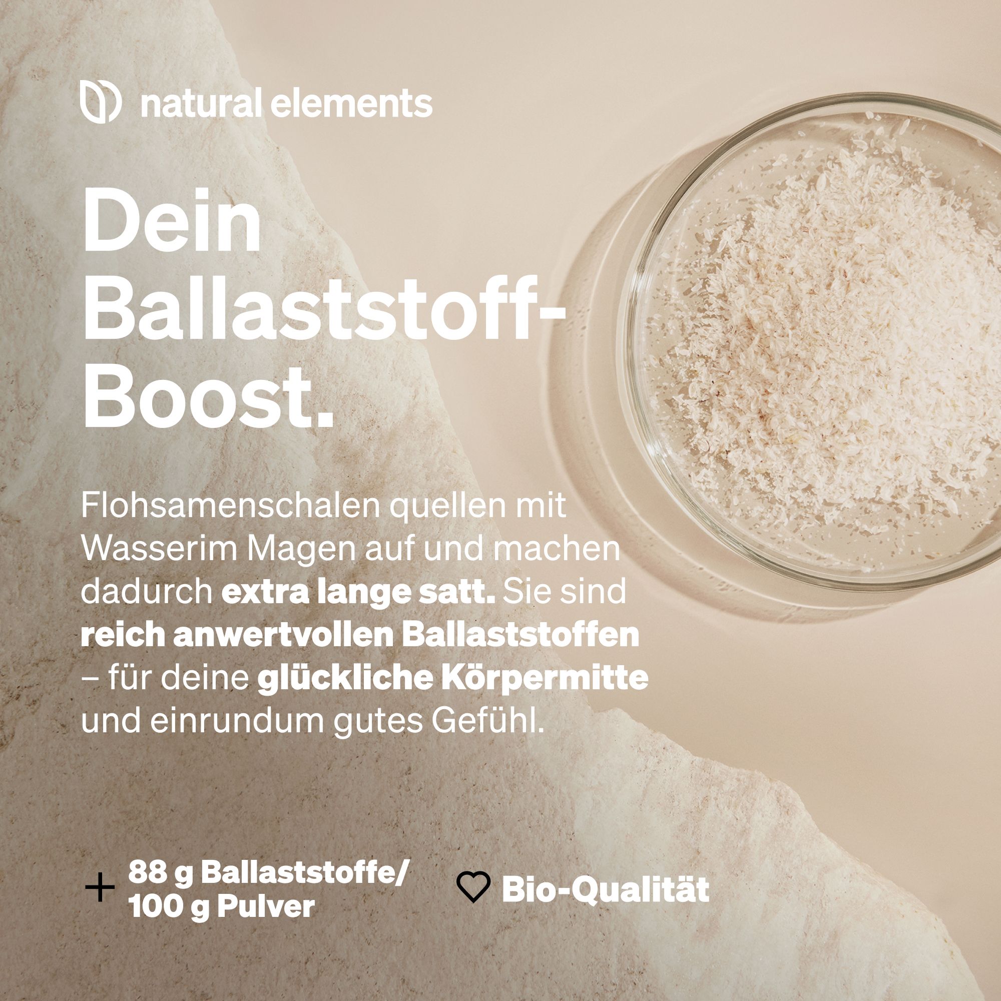 Glas mit Pulver und Text: Dein Ballaststoff-Boost. Text: 88 g Ballaststoffe / 100 g Pulver. Bio-Qualität.