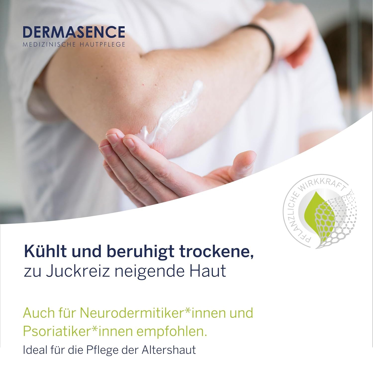 Person trägt Lotion auf den Arm auf. Text: Kühlt und beruhigt trockene, zu Juckreiz neigende Haut. Logo, Text: Medizinische Hautpflege.