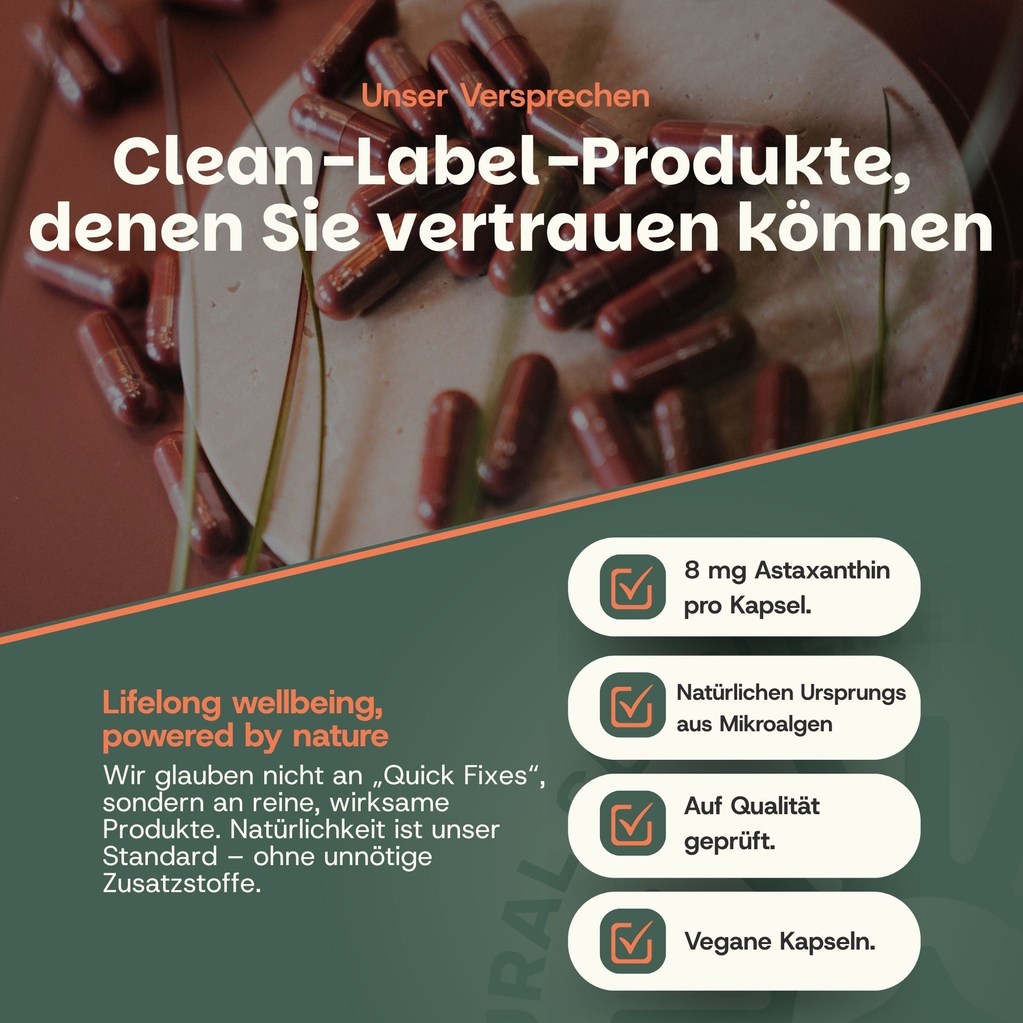 Verpackung mit Astaxanthin-Kapseln, zeigt Inhaltsstoffe und Vorteile.