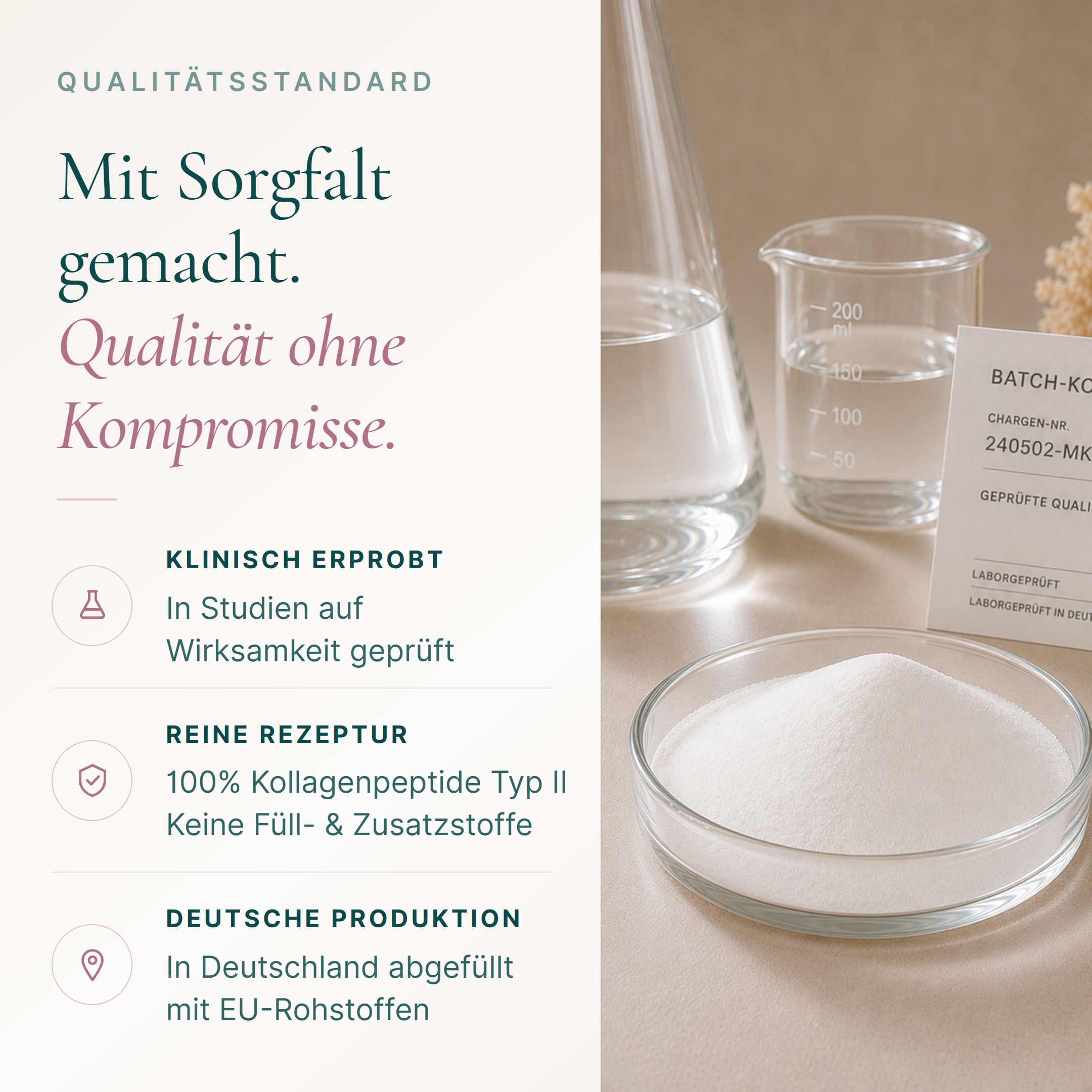 Laborgeräte wie Bechergläser und eine Petrischale mit Pulver. Text über klinische Erprobung, reine Rezeptur und deutsche Produktion.