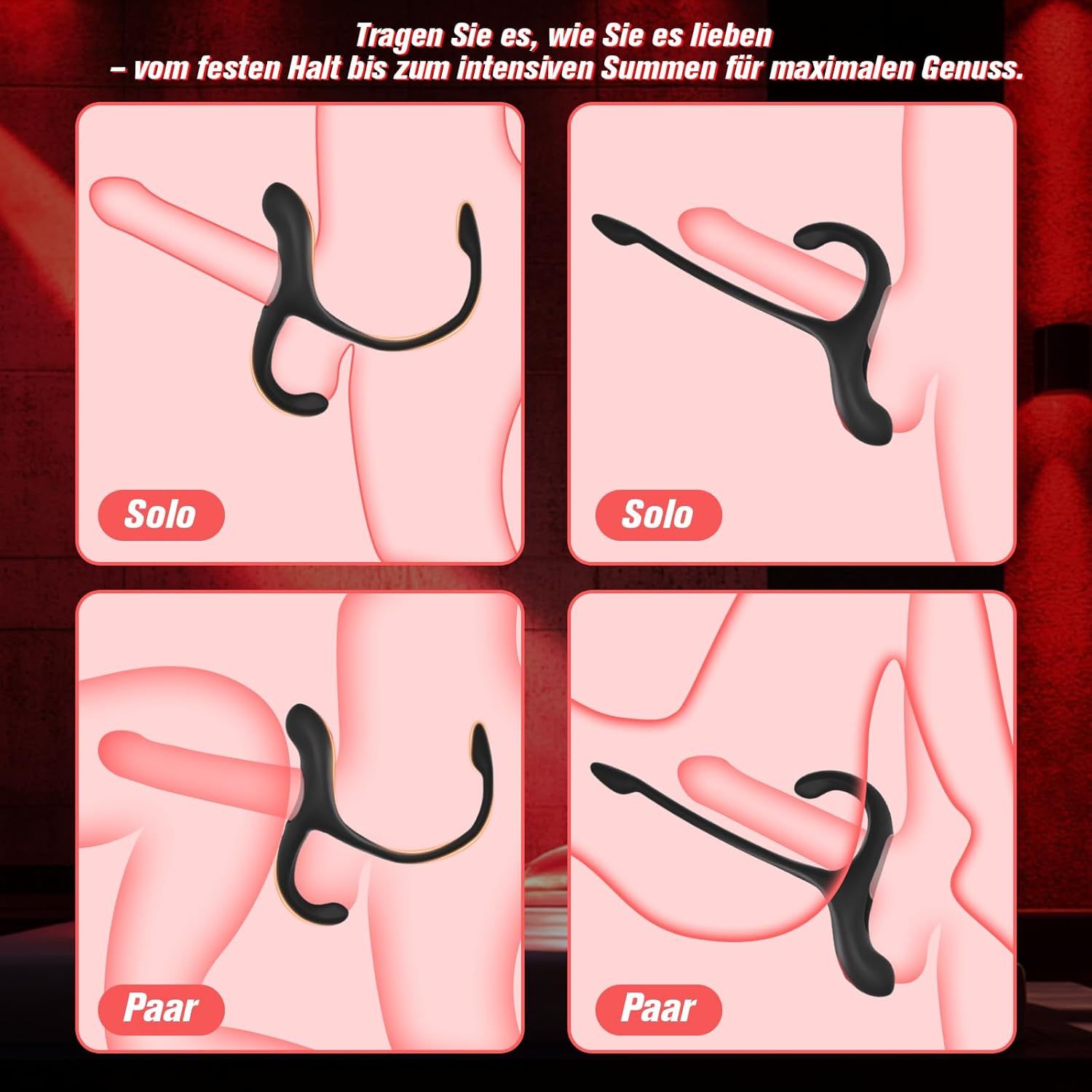 Vier Diagramme zeigen die Anwendung des Produkts. Schwarzes Gerät am Penis. Text: Solo und Paar. Für maximale Genuss.