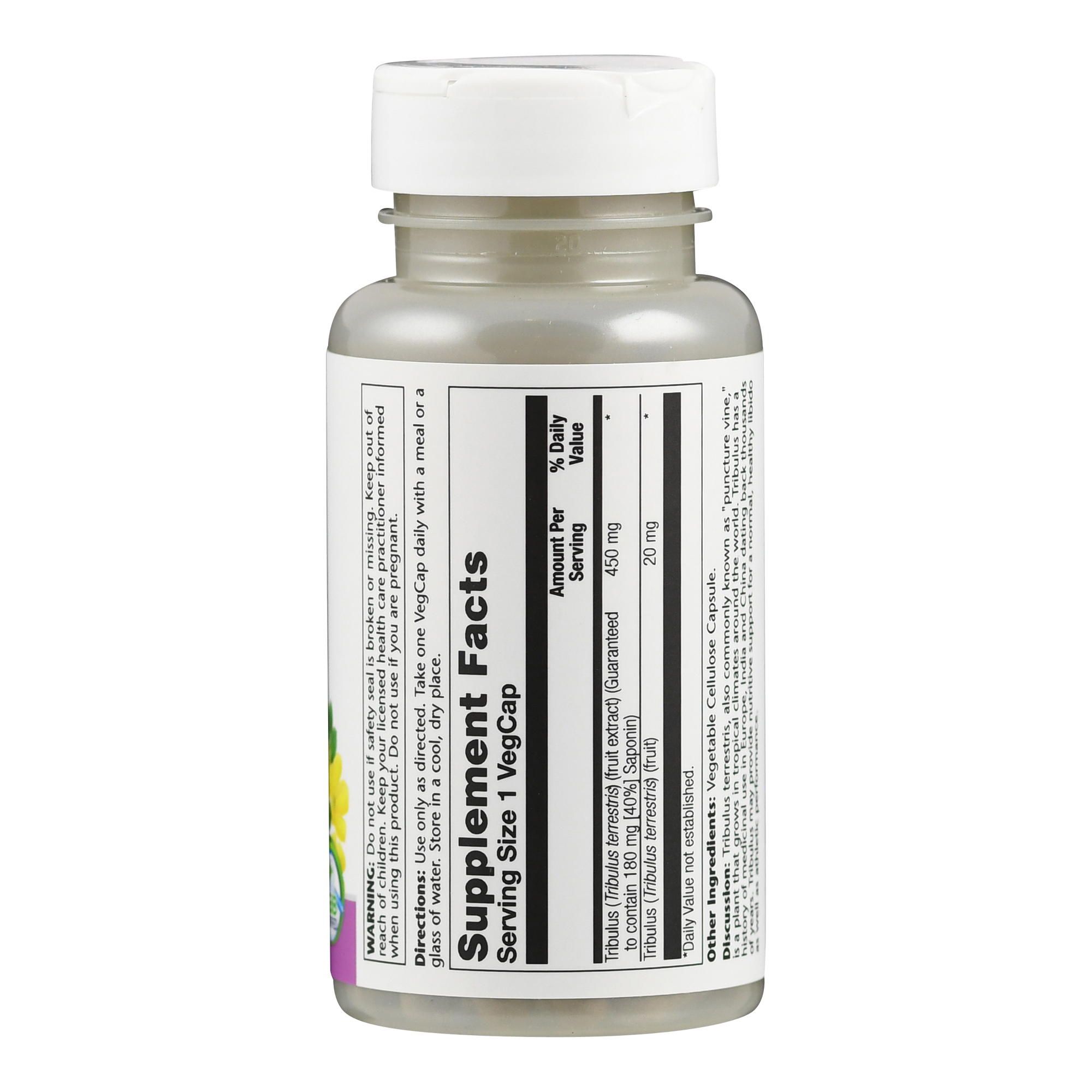 Graue Flasche mit weißem Deckel. Aufschrift: Supplement Facts. Enthält Tribulus Terrestris Extrakt. VegCap-Kapsel.