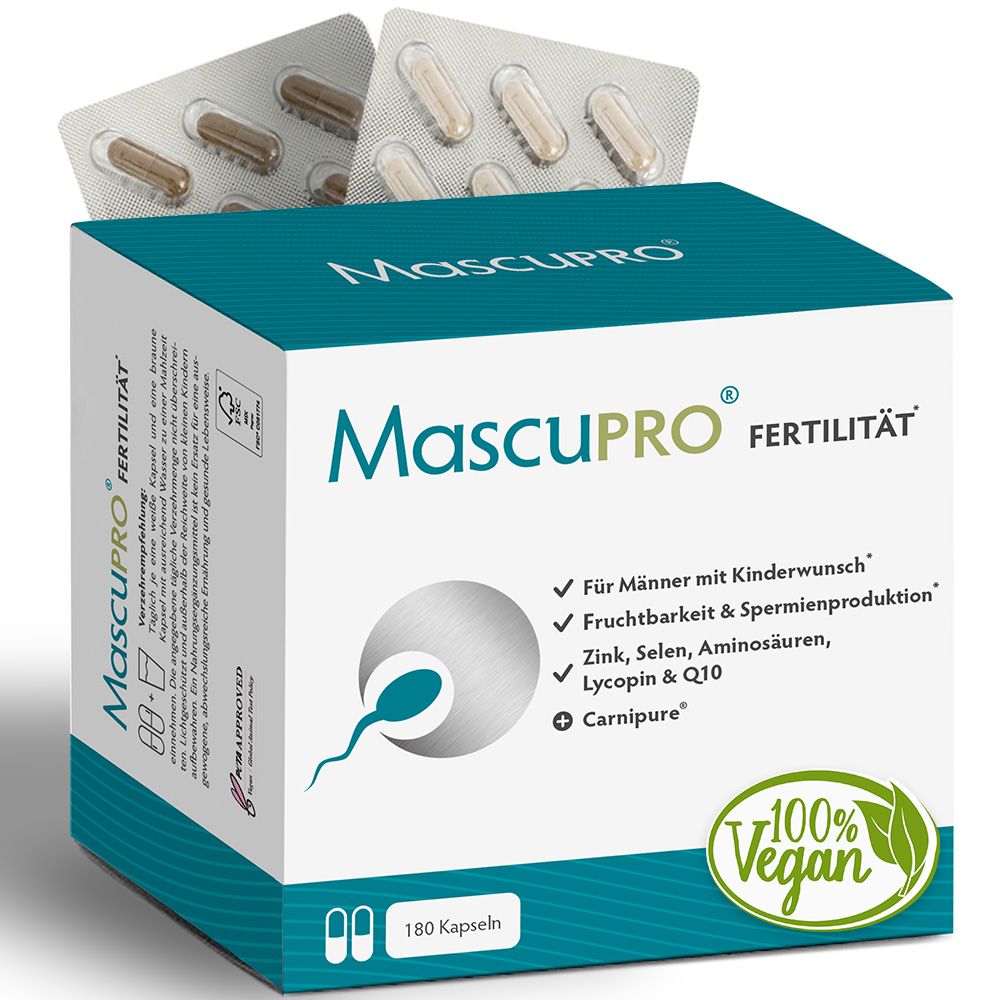 Produktbox mit Spermiensymbol, Siegel '100% Vegan' und Liste von Inhaltsstoffen.