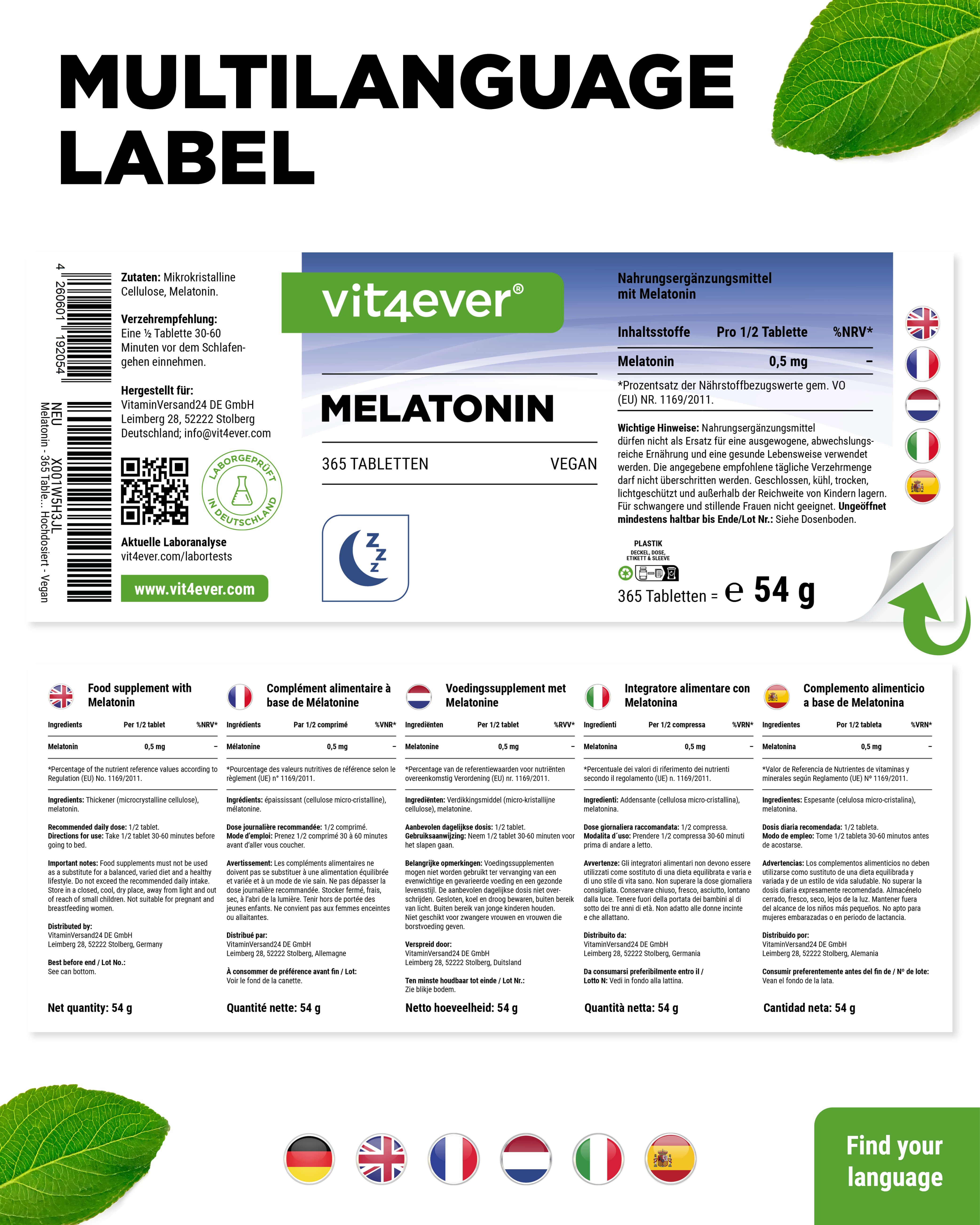 Produktflasche mit mehrsprachigem Etikett. Aufschrift: vit4ever, Melatonin, 365 Tabletten. Zusätzliche Informationen.