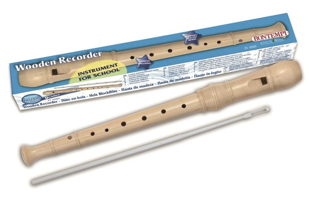 Blockflöte aus Holz mit Reinigungsstab und Verpackung. Aufschrift: Bontempi. Instrument für die Schule.