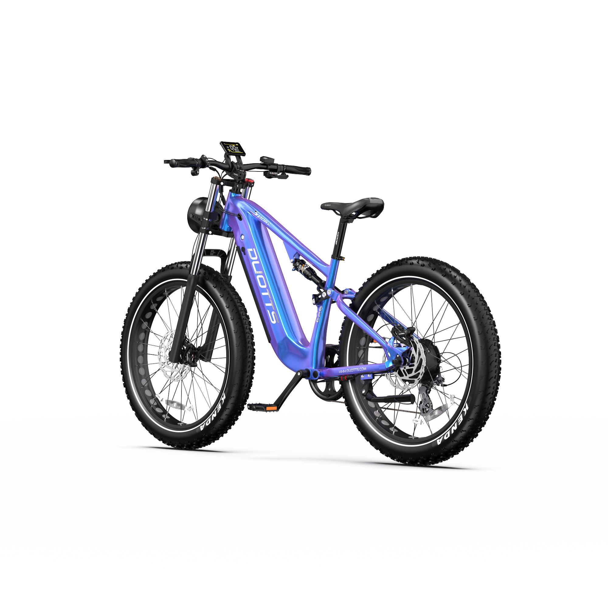 Elektro-Mountainbike mit Farbverlauf. Schwarze Reifen, Sattel und Lenker. DUOTTS-Logo am Rahmen. Scheinwerfer.