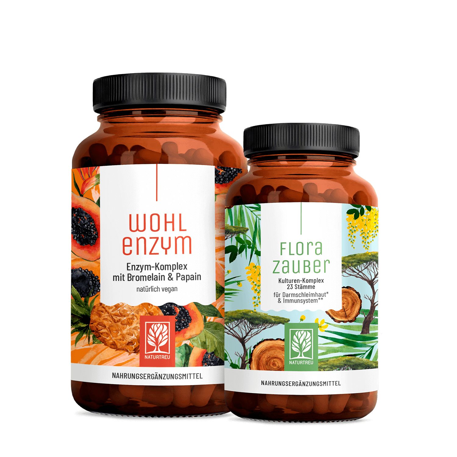 Zwei braune Flaschen. Eine mit "Wohl Enzym", die andere mit "Flora Zauber". Beide mit schwarzen Deckeln und Etiketten.