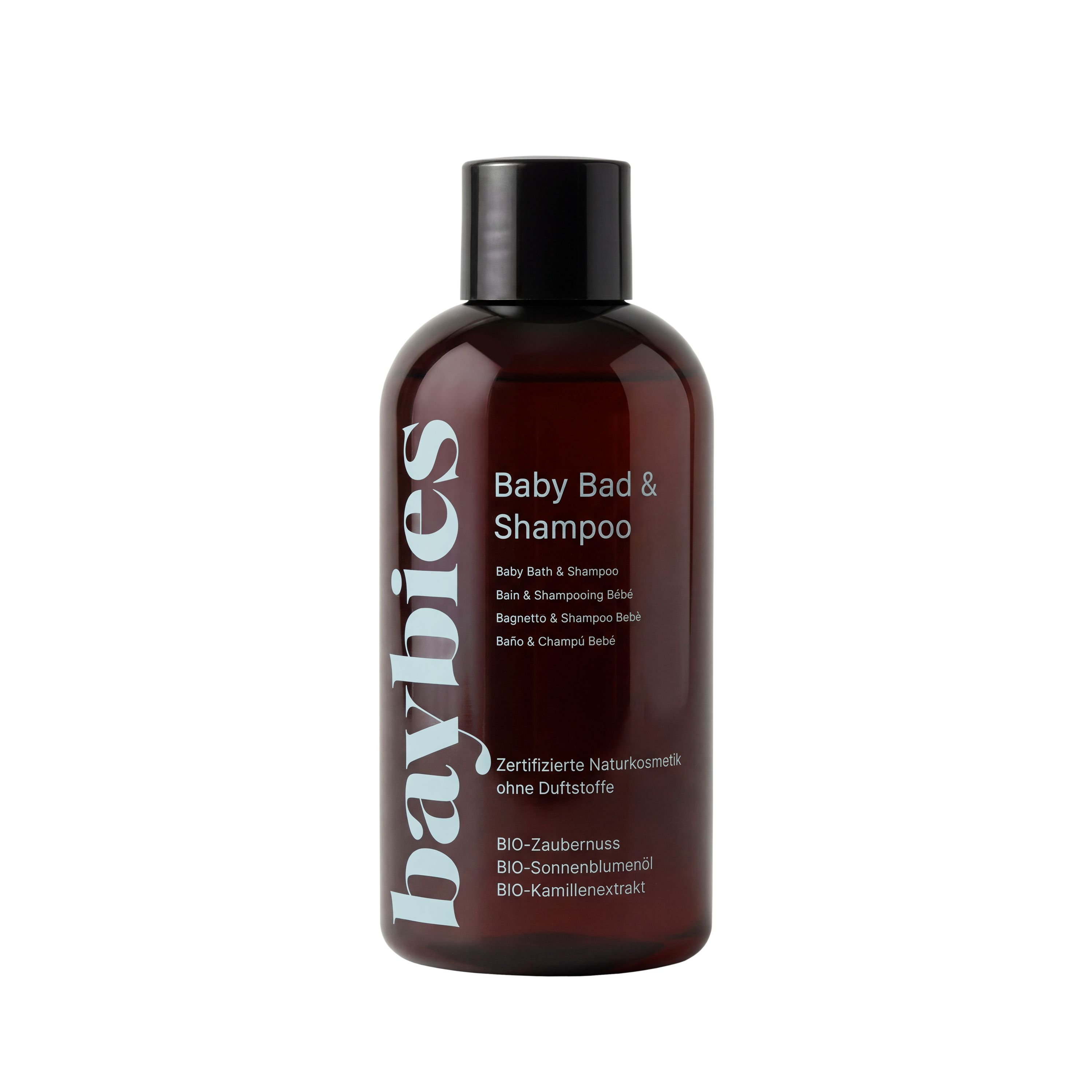 Baybies Baby Bad & Shampoo Flasche, 200ml, braunes Glas, schwarzer Deckel.