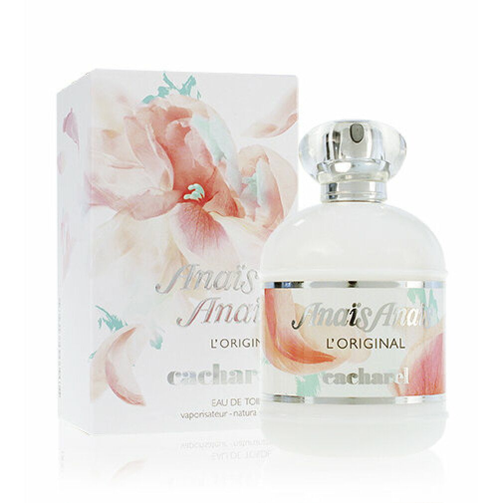 Parfümflasche und Schachtel. Auf der Flasche und Schachtel steht "Anaïs Anaïs L'Original" und "cacharel".
