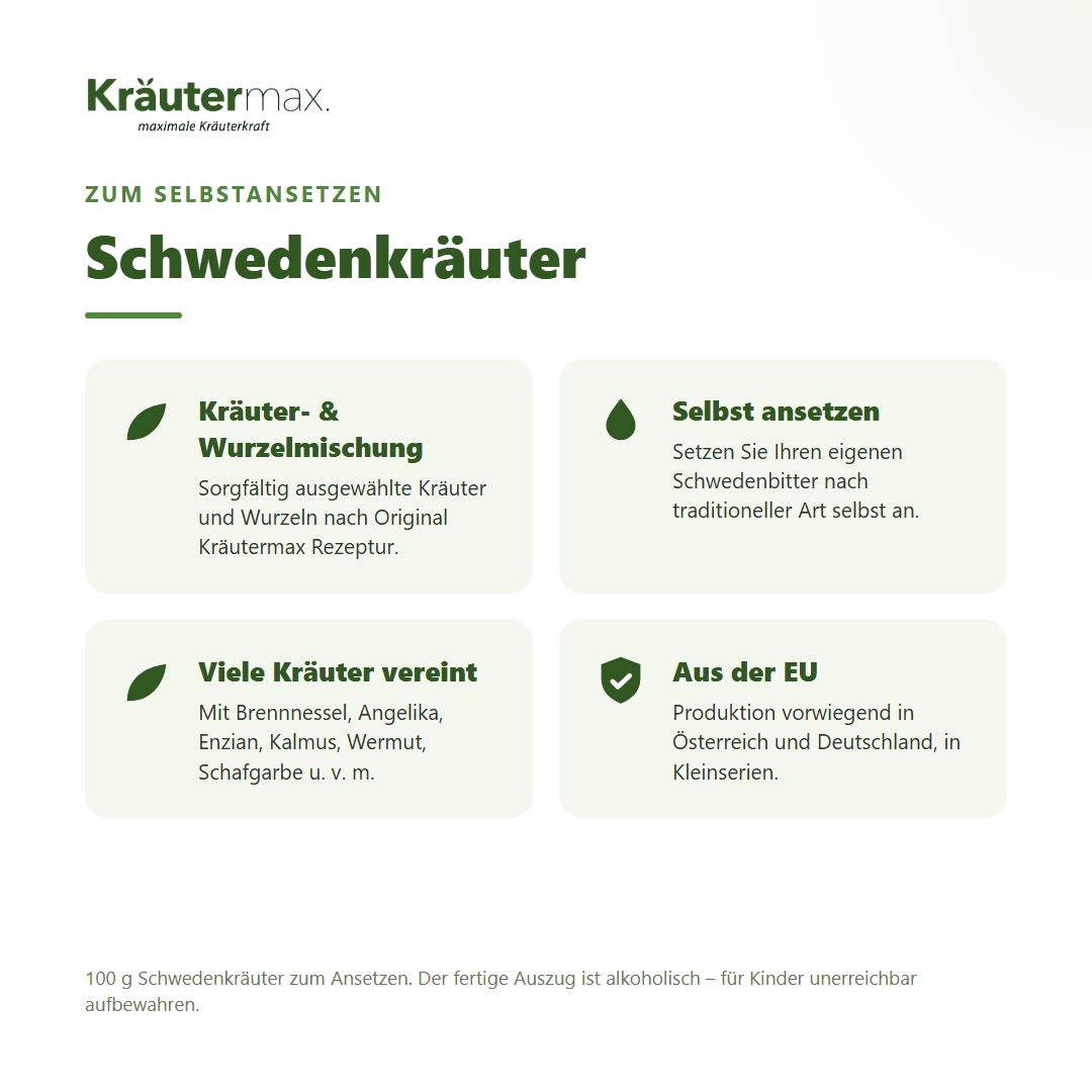 Kräutermax Schwedenkräuter zum Selbstansetzen: Vier Infoboxen mit Produktmerkmalen.