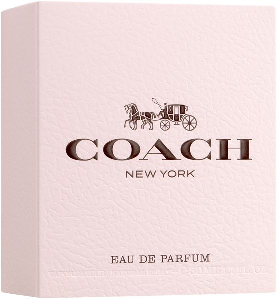 Rosa Verpackung mit Coach-Logo und Kutschen-Emblem. Text: COACH NEW YORK, Eau de Parfum.