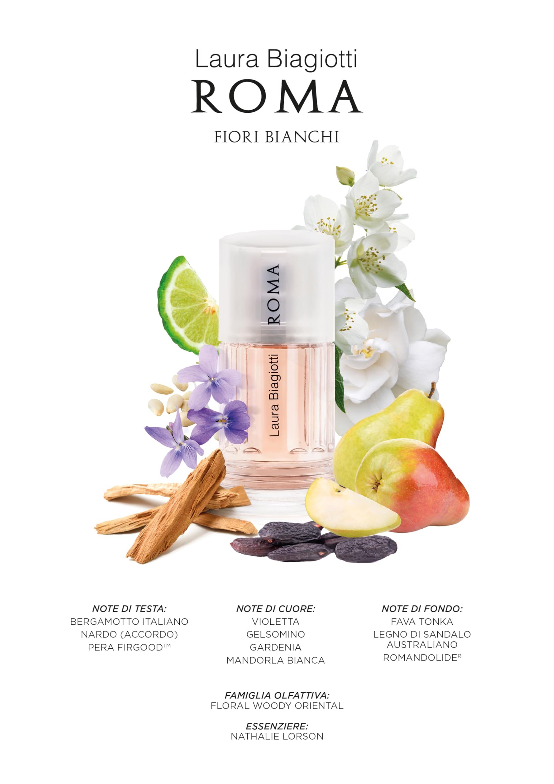 Produktabbildung mit Flakon, Früchten und Zutaten. Text: Laura Biagiotti ROMA Fiori Bianchi, Duftnoten, Essenzen.