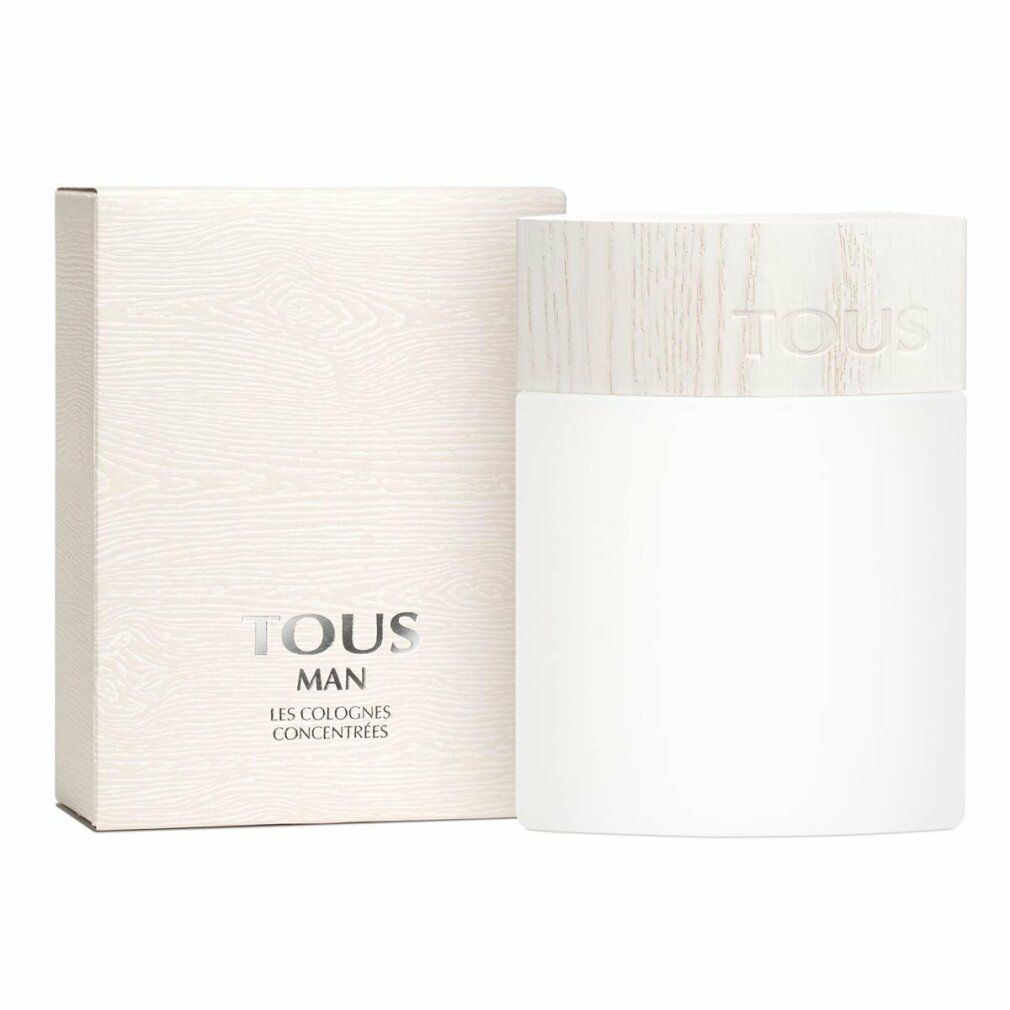 Tous Man Les Colognes Concentrées Flakon und Verpackung. Weißes Glas, Holzdeckel, rechteckige Verpackung mit Logo.
