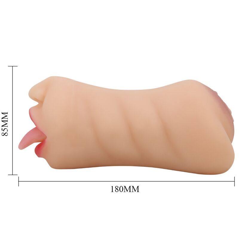 Fleischfarbener, texturierter Masturbator mit Zungenform, 180mm lang, 85mm breit.