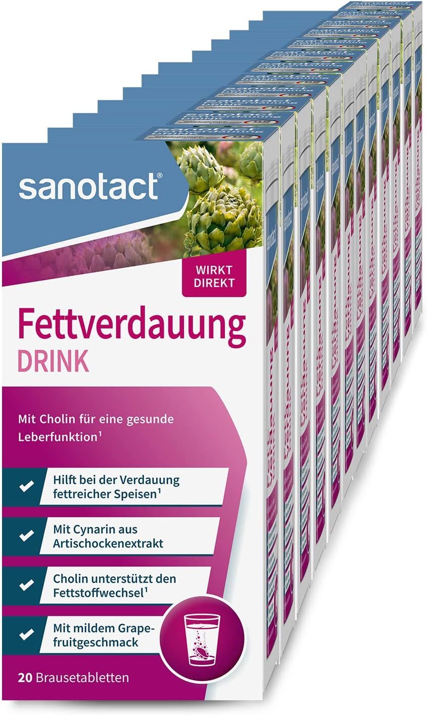 Sanotact Fettverdauung Drink, mehrere Packungen. 20 Brausetabletten pro Packung. Mit Artischocke und Cholin für Fettstoffwechsel. Produktabbildung.
