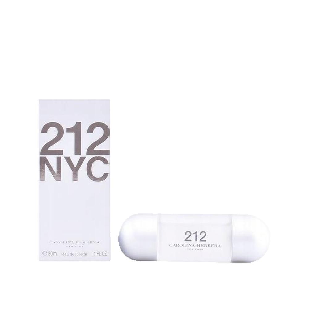 Parfümflasche und -verpackung. Zylindrische Flasche mit silbernen Enden. Weiße Schachtel mit Aufschrift 212 NYC.