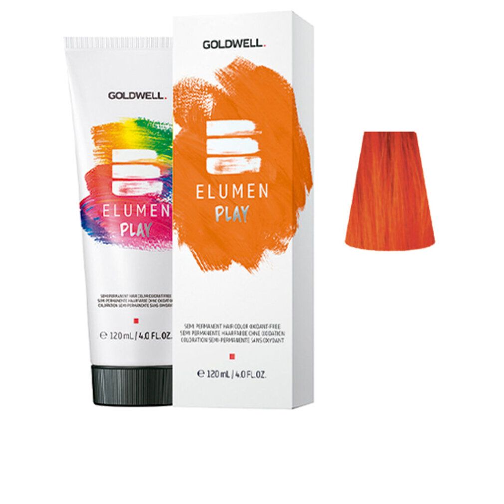 Orangefarbene Haarfarbe in Tube und Schachtel. Aufdruck: ELUMEN PLAY, GOLDWELL. Farbprobe.