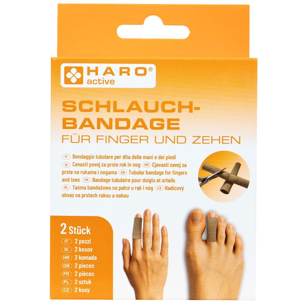 Verpackung mit Schlauchbandage für Finger und Zehen. Marke HARO active. 2 Stück. Abbildung: Finger und Zeh mit Bandage.
