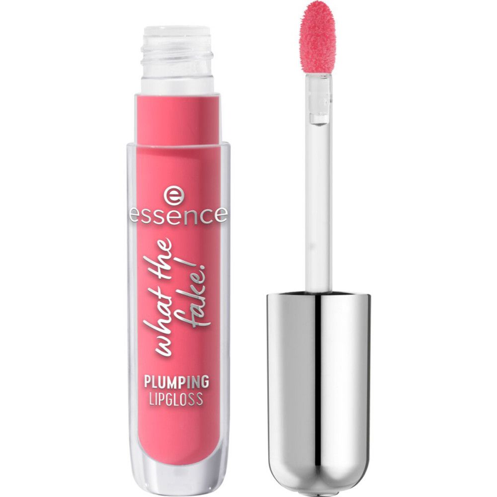 Lipgloss-Tube mit Applikator. Rosa Inhalt. Schriftzug: Essence, What the Fake!, Plumping Lipgloss.
