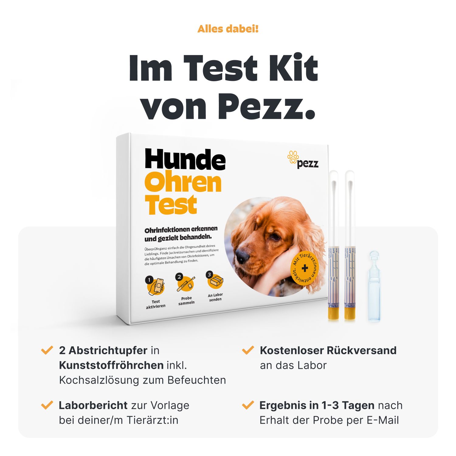 Produktverpackung mit Test-Kit-Inhalt: Tupfer, Kochsalzlösung, Laborbericht. Kostenloser Rückversand. Ergebnis in 1-3 Tagen.