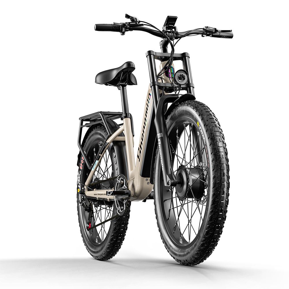 E-Bike, Frontansicht. Beige Rahmen, schwarze Reifen. Marke Shengmilo sichtbar. Frontscheinwerfer und Federung.