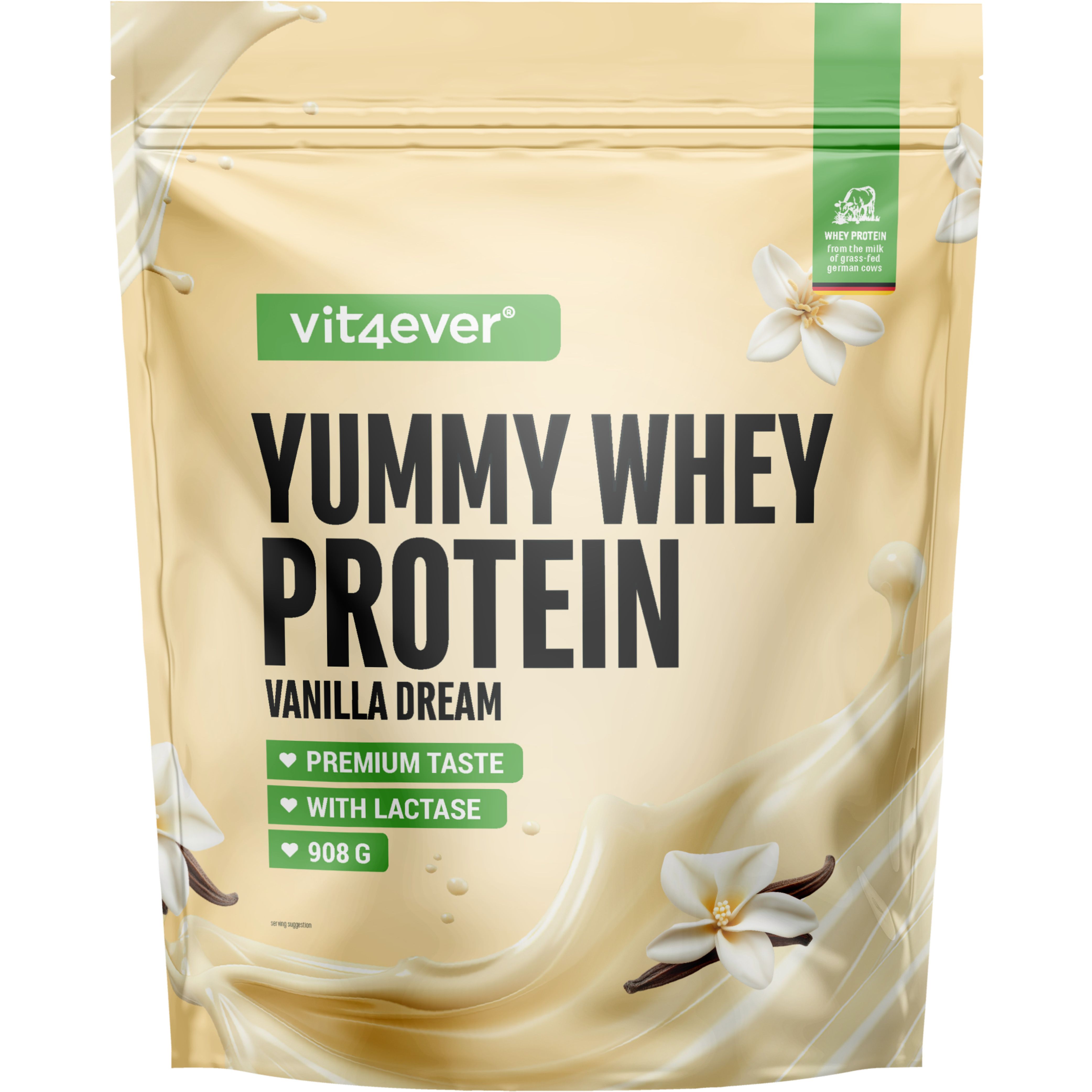 Beutel mit Yummy Whey Protein, Vanille Dream. Enthält 908g. Mit Lactase. Premium Taste.