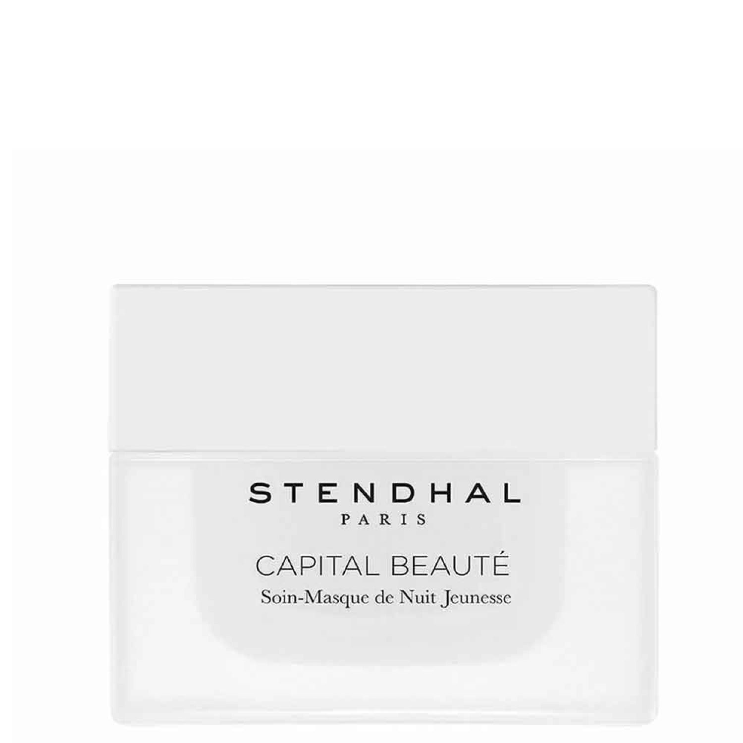 Weißer Tiegel mit Deckel. Aufschrift: STENDHAL PARIS, CAPITAL BEAUTÉ Soin-Masque de Nuit Jeunesse.
