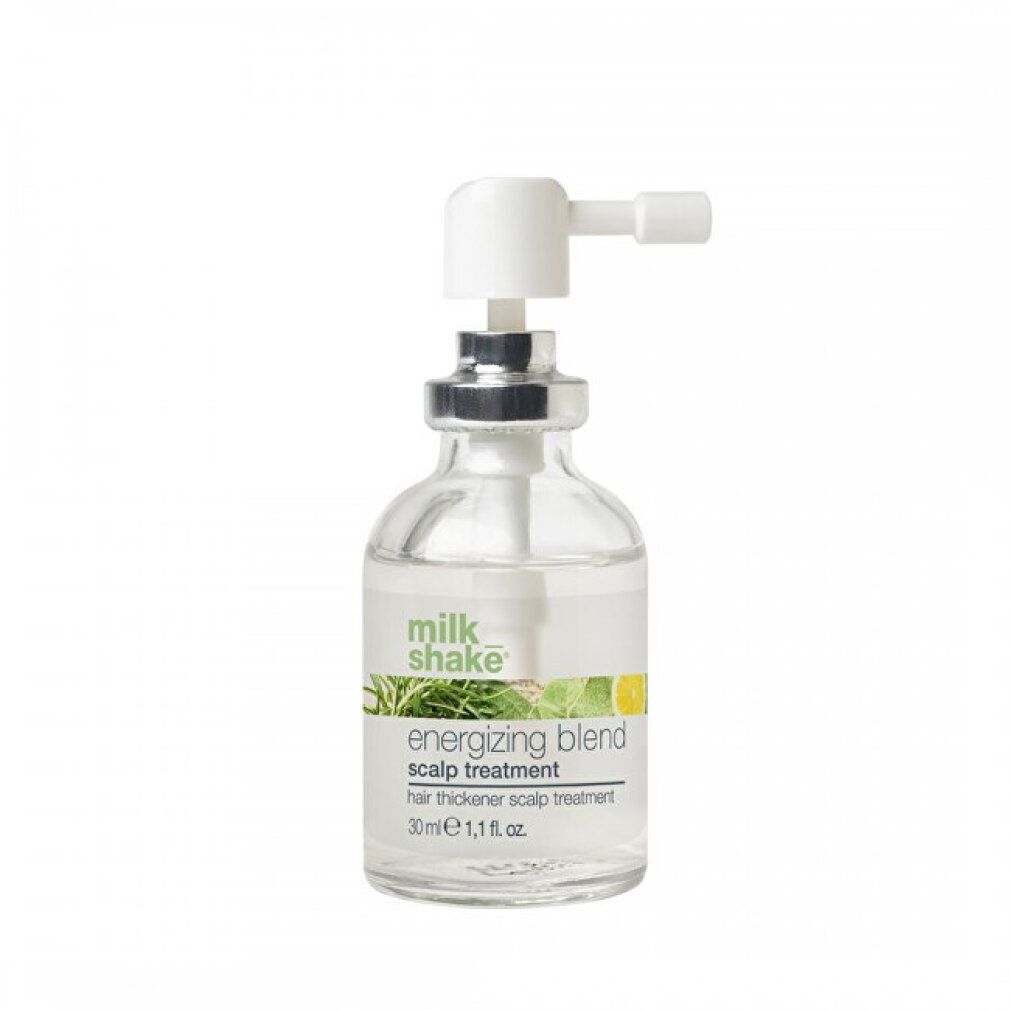 Klare Glasflasche mit Sprühkopf. Beschriftung: milk_shake energizing blend scalp treatment. 30ml.