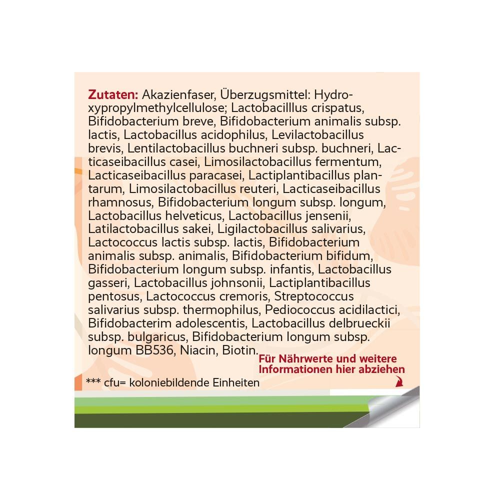 Zutatenliste. Aufschrift: Akazienfaser, Hydroxypropylmethylcellulose, Lactobacillus, Bifidobacterium, Niacin, Biotin. Für Nährwerte und weitere Informationen hier abziehen.