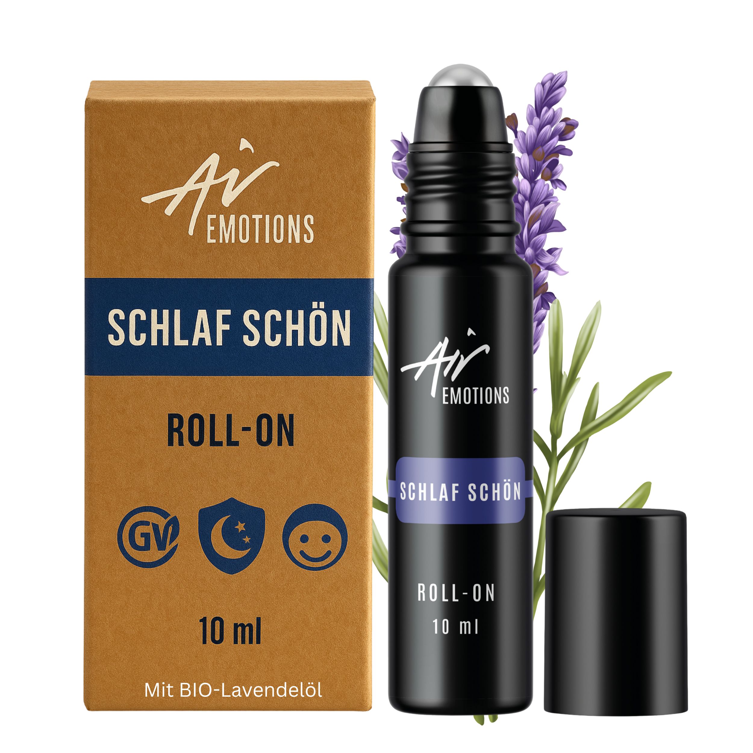 Schwarze Roll-On-Flasche mit Aufschrift "Schlaf schön" und Verpackung. Lavendel und Zweige daneben. 10 ml.