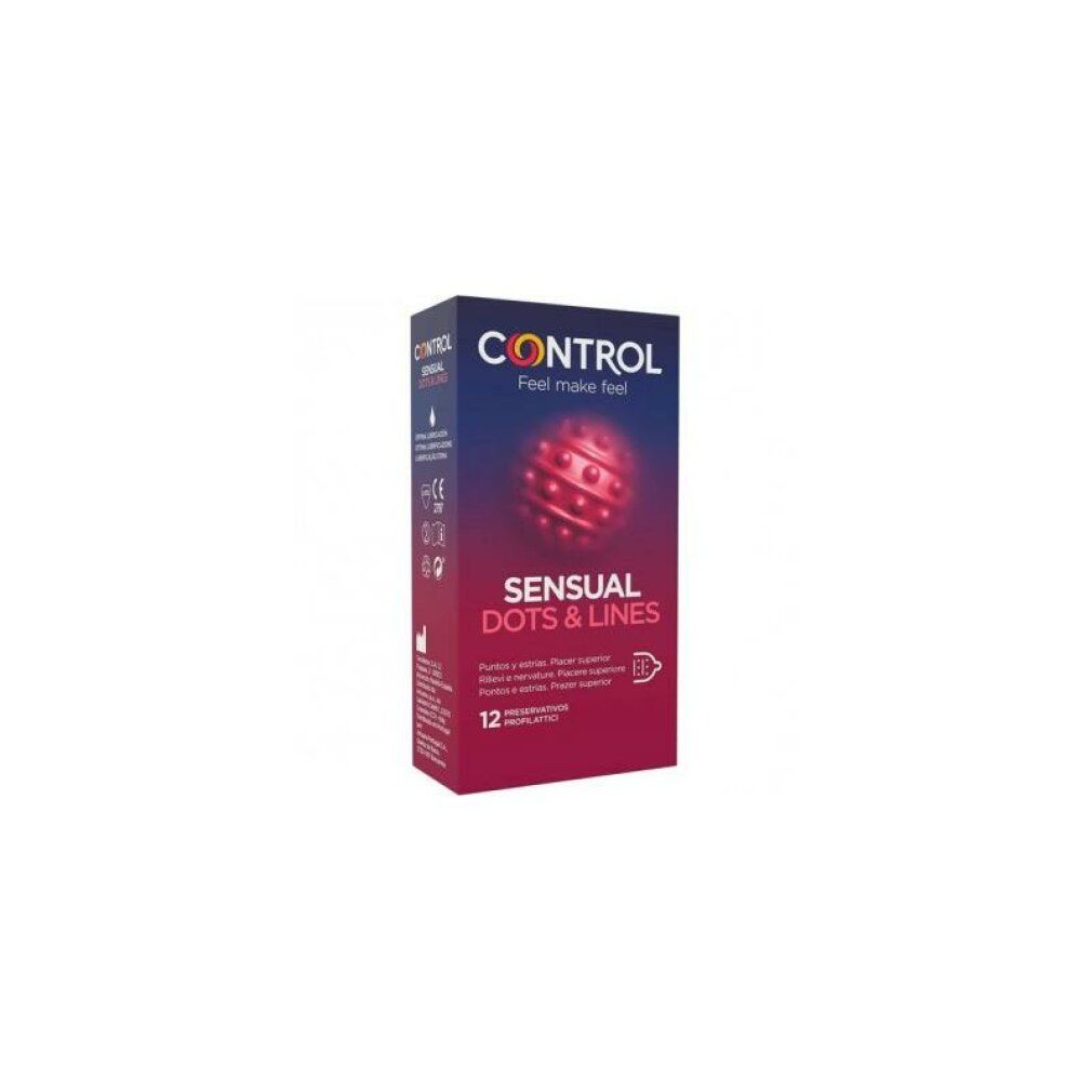 Verpackung von Control SENSUAL Dots & Lines. 12 Kondome. Mit Punkten und Linien. CE-Kennzeichnung.
