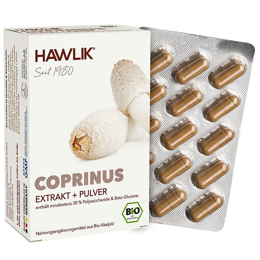 Verpackung mit Kapseln und Blisterpackung. Aufschrift: HAWLIK, COPRINUS EXTRAKT + PULVER, BIO-Siegel. Enthält mindestens 30% Polysaccharide & Beta-Glucane.