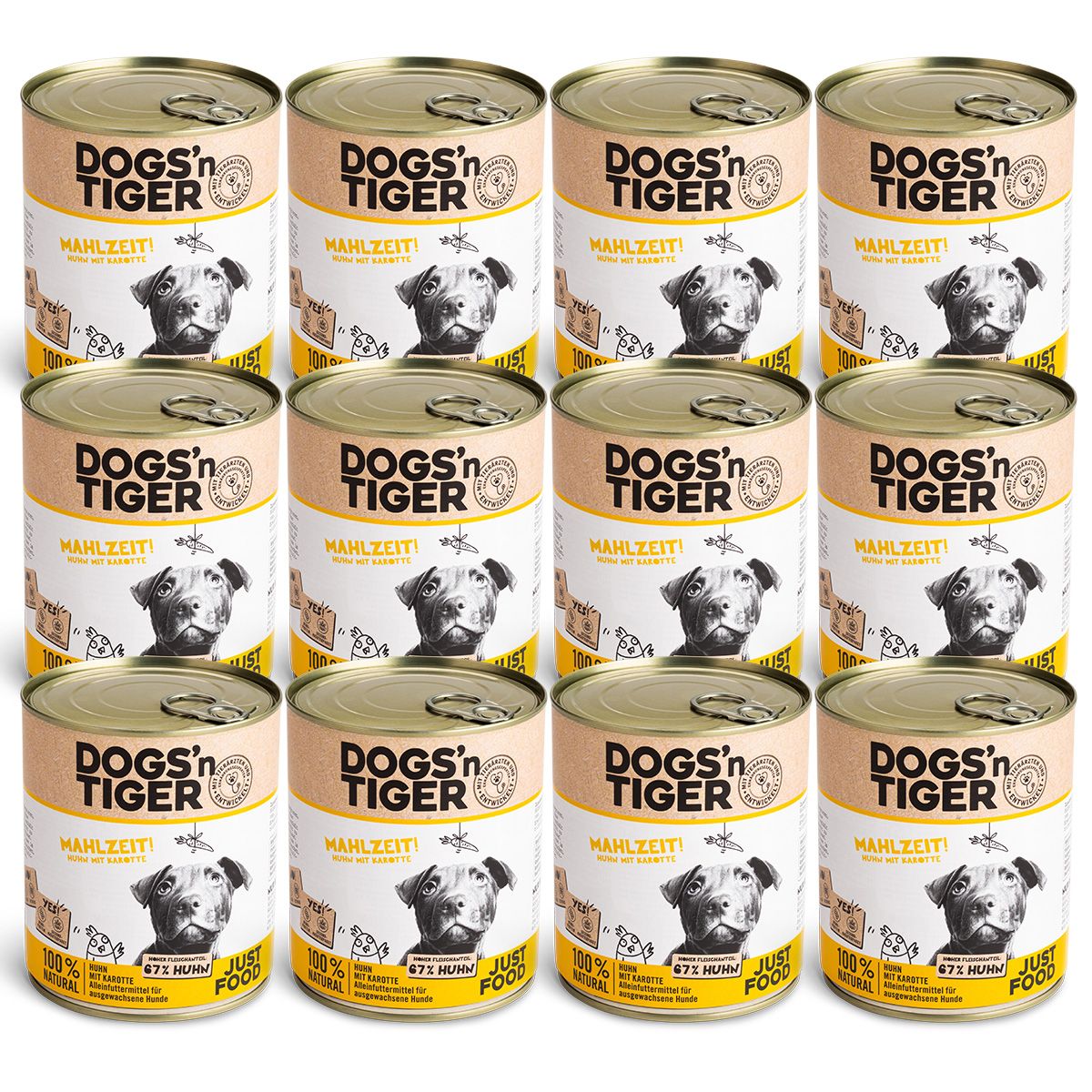 Mehrere Dosen Hundefutter, "Dogs'n Tiger", mit Aufdruck und Hundeportrait. Aufschrift "Mahlzeit!".