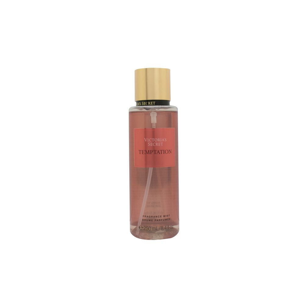 Victoria's Secret Temptation Körperspray, 250 ml. Rote Flüssigkeit in transparenter Flasche mit goldenem Verschluss.
