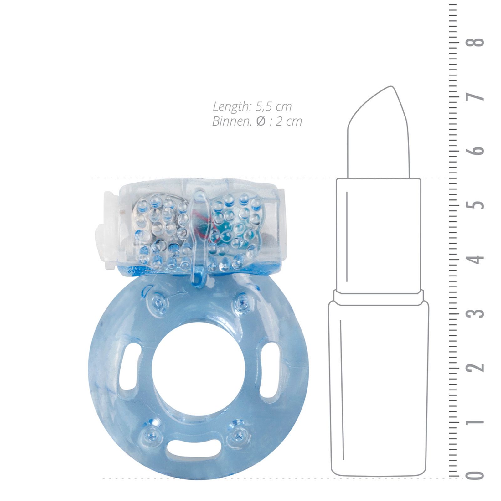 Blauer Penisring mit erhabenen Elementen. Transparenter Kunststoff. Vergleich mit Lippenstift. Maße: 5,5 cm lang, Ø 2 cm.