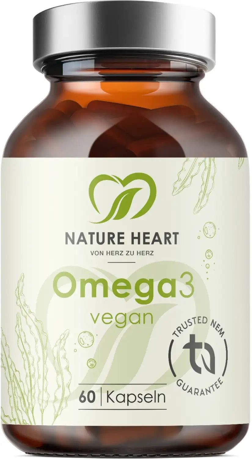 Braune Glasflasche mit Omega 3 vegan Kapseln. Aufschrift: Nature Heart, 60 Kapseln, Trusted NEM Guarantee.