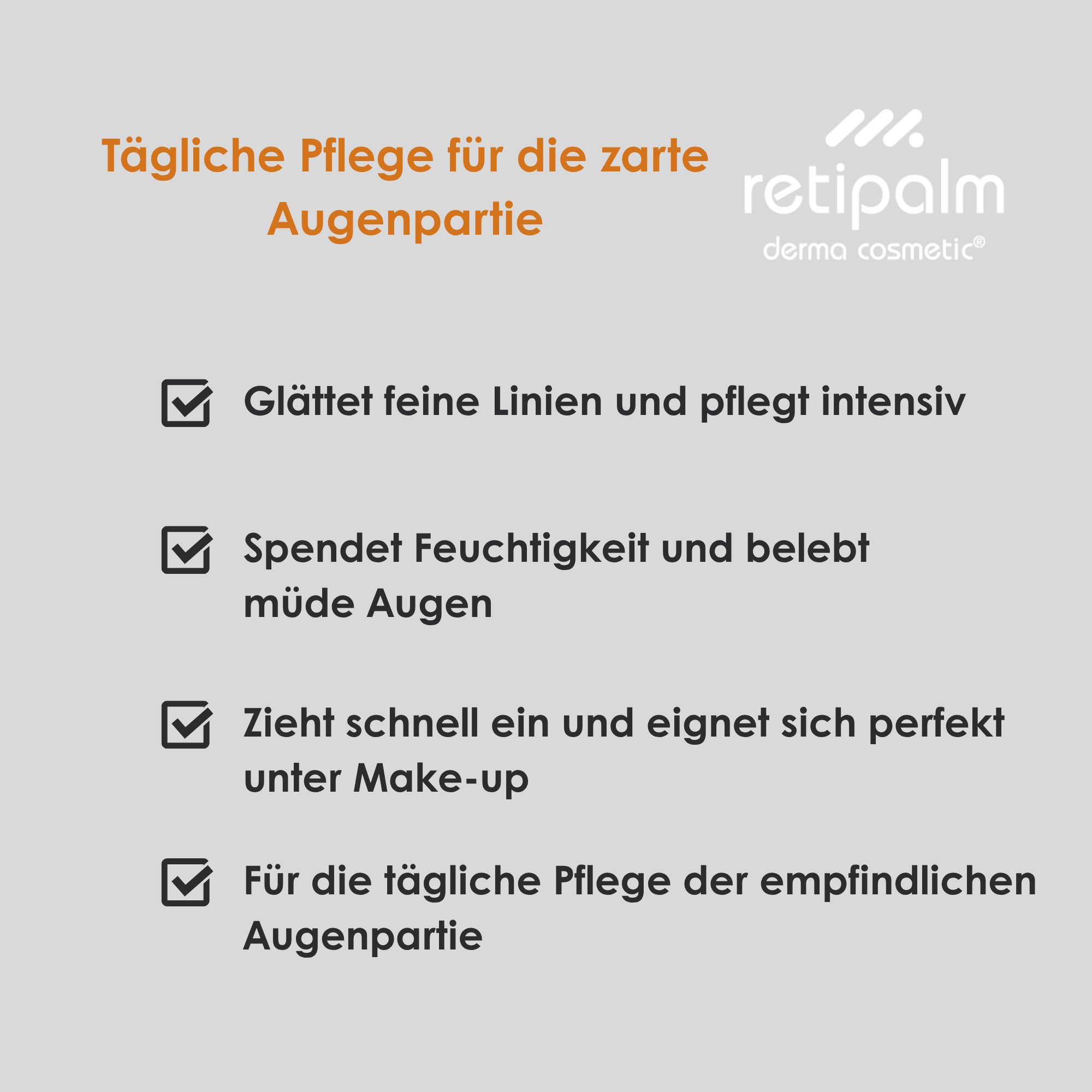 Retipalm Eye Care Spender mit Liste der Vorteile.