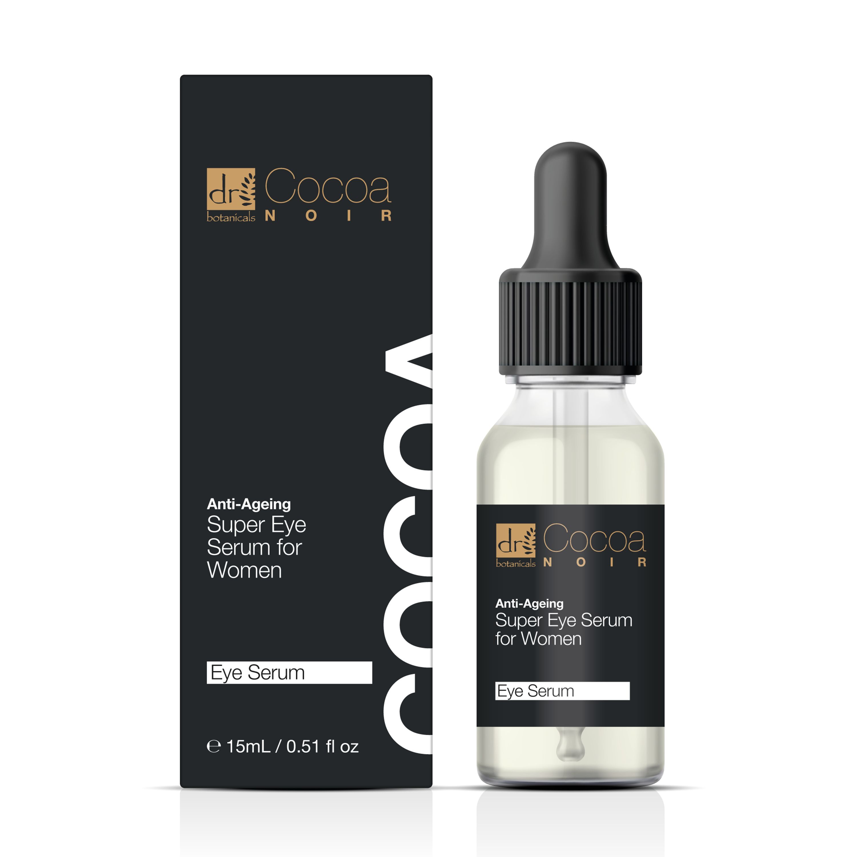 Produktflasche und Verpackung. Schwarze Verpackung mit Produktnamen und Logo. Flasche mit Tropfer.