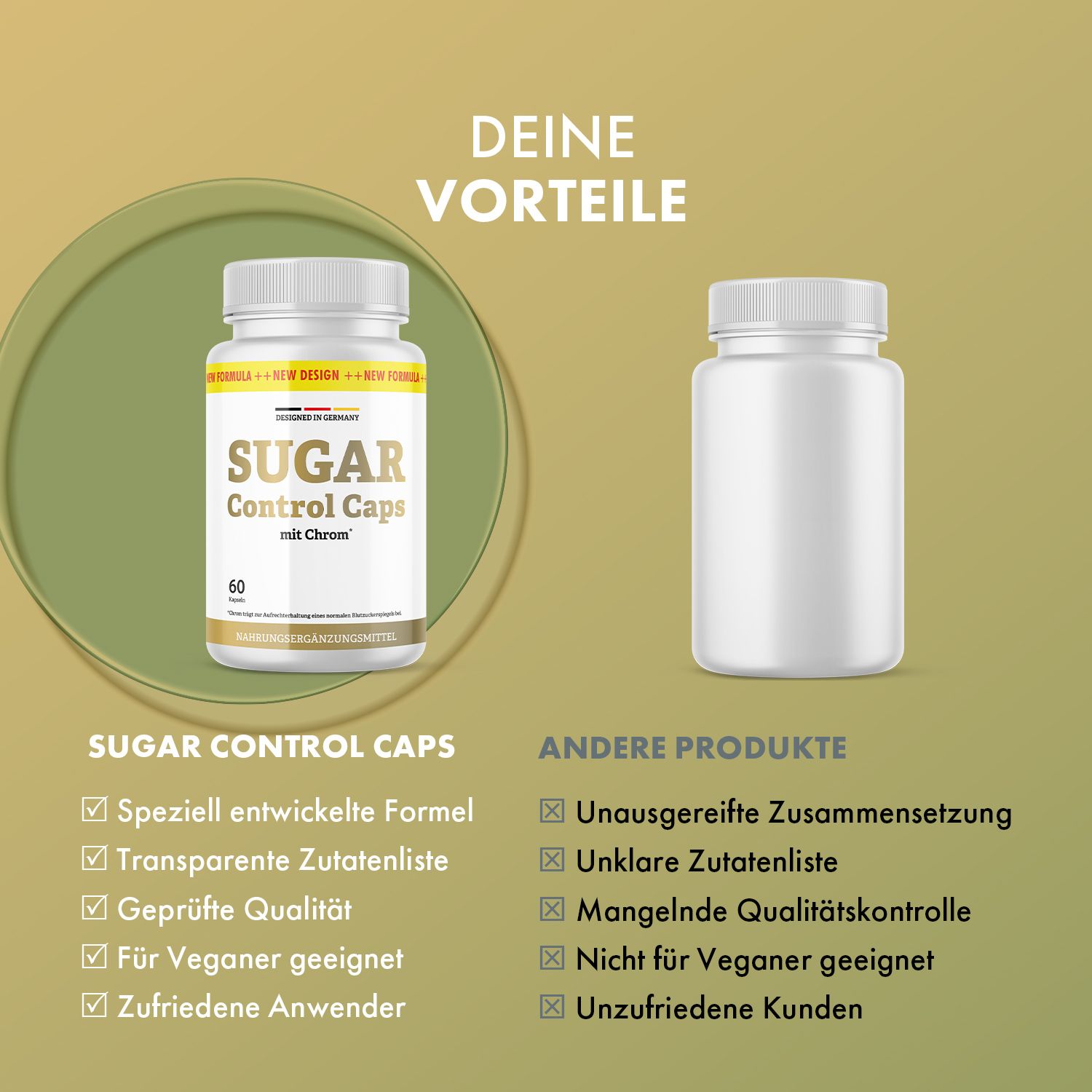 Vergleich von SUGAR Control Caps mit anderen Produkten. SUGAR Control Caps: weiße Flasche, gelbes Etikett. Andere Produkte: Liste mit negativen Eigenschaften.