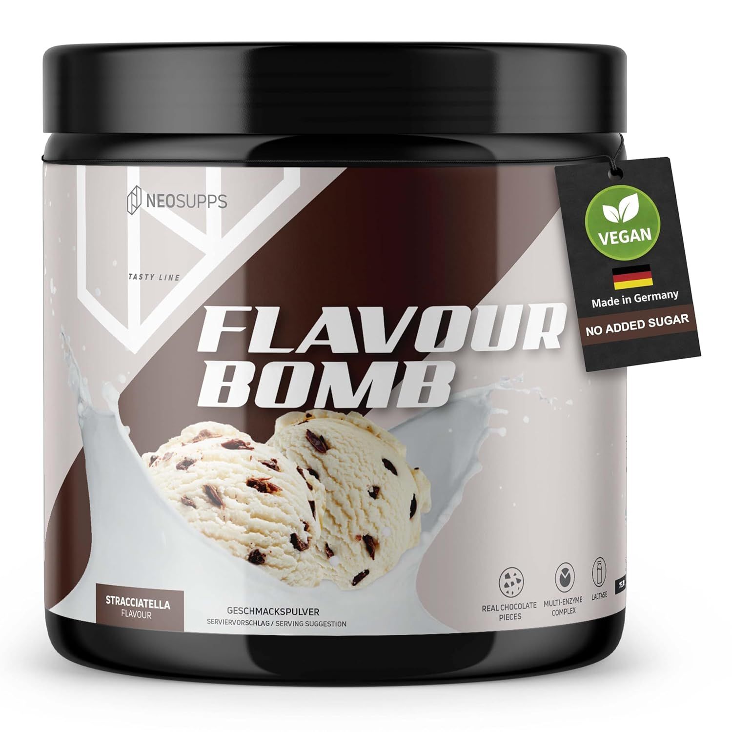 Dose mit FLAVOUR BOMB, Stracciatella Geschmack. Aufschrift: VEGAN, Made in Germany, No Added Sugar. Produktabbildung.