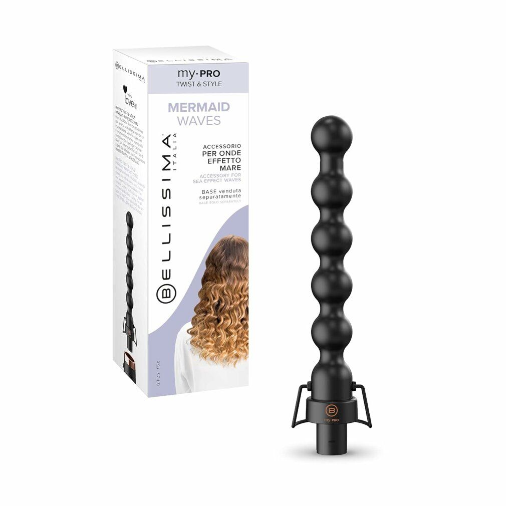 Schwarzer Lockenstab mit kugelförmigem Design. Neben einer Produktverpackung mit dem Schriftzug "Bellissima Italia".