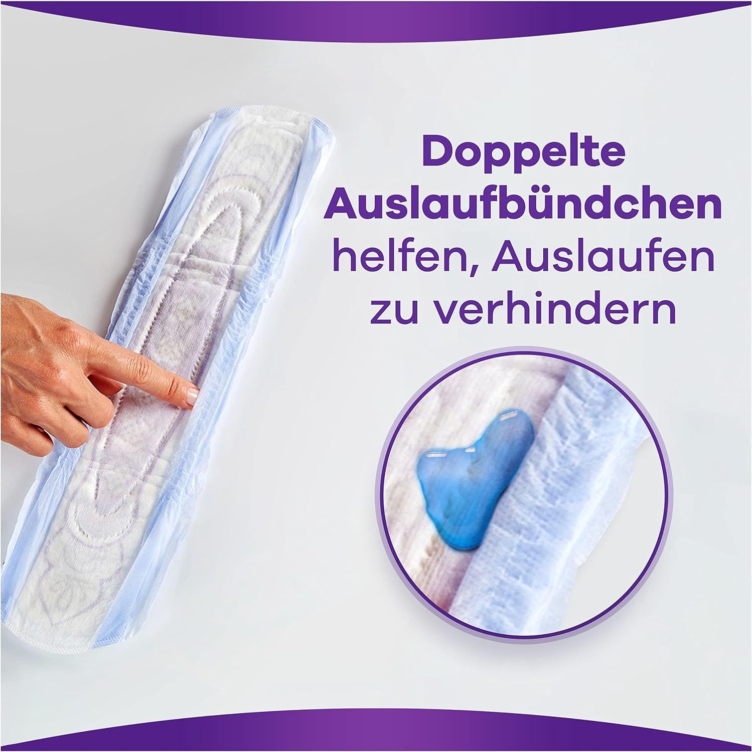 Inkontinenzeinlage mit blauer Flüssigkeit. Text: Doppelte Auslaufbündchen helfen, Auslaufen zu verhindern.