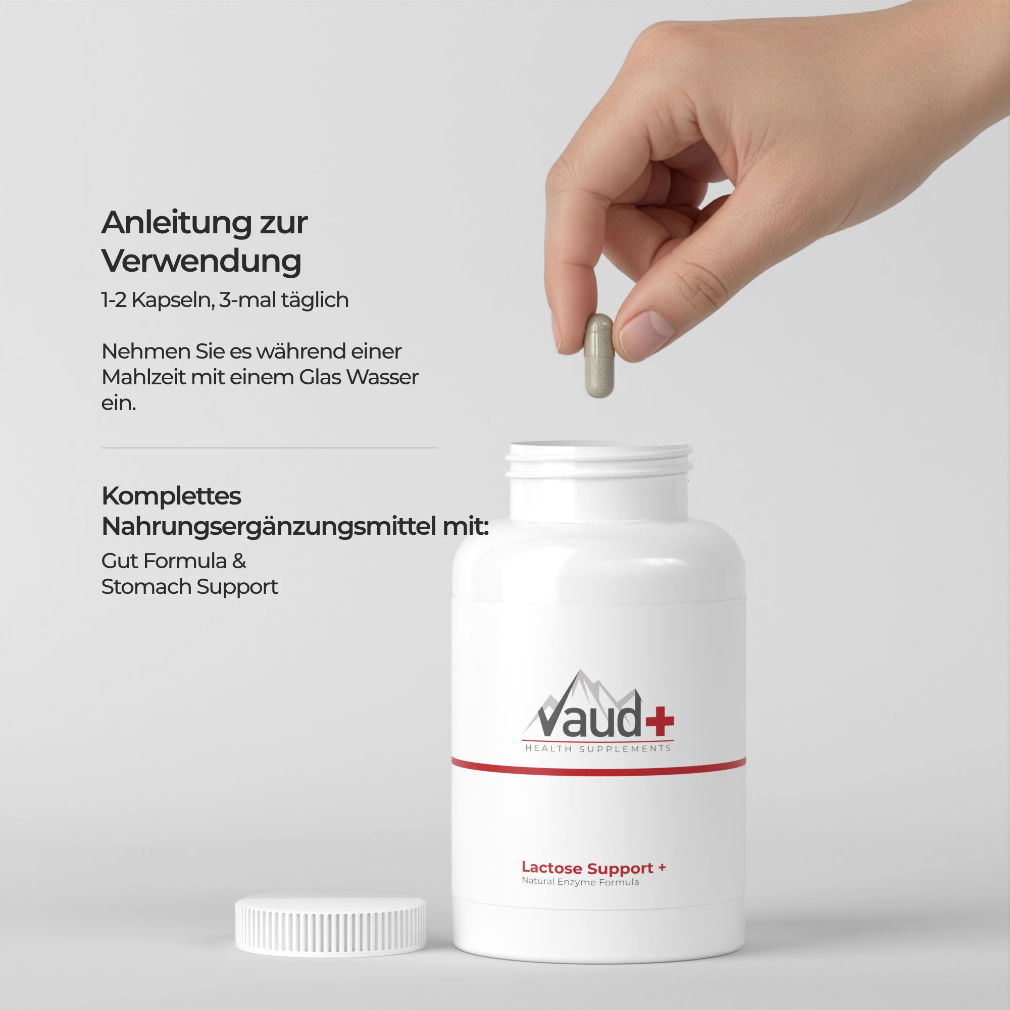 Hand hält Kapsel über offener Flasche mit Vaud+ Logo. Text: "Anleitung zur Verwendung".