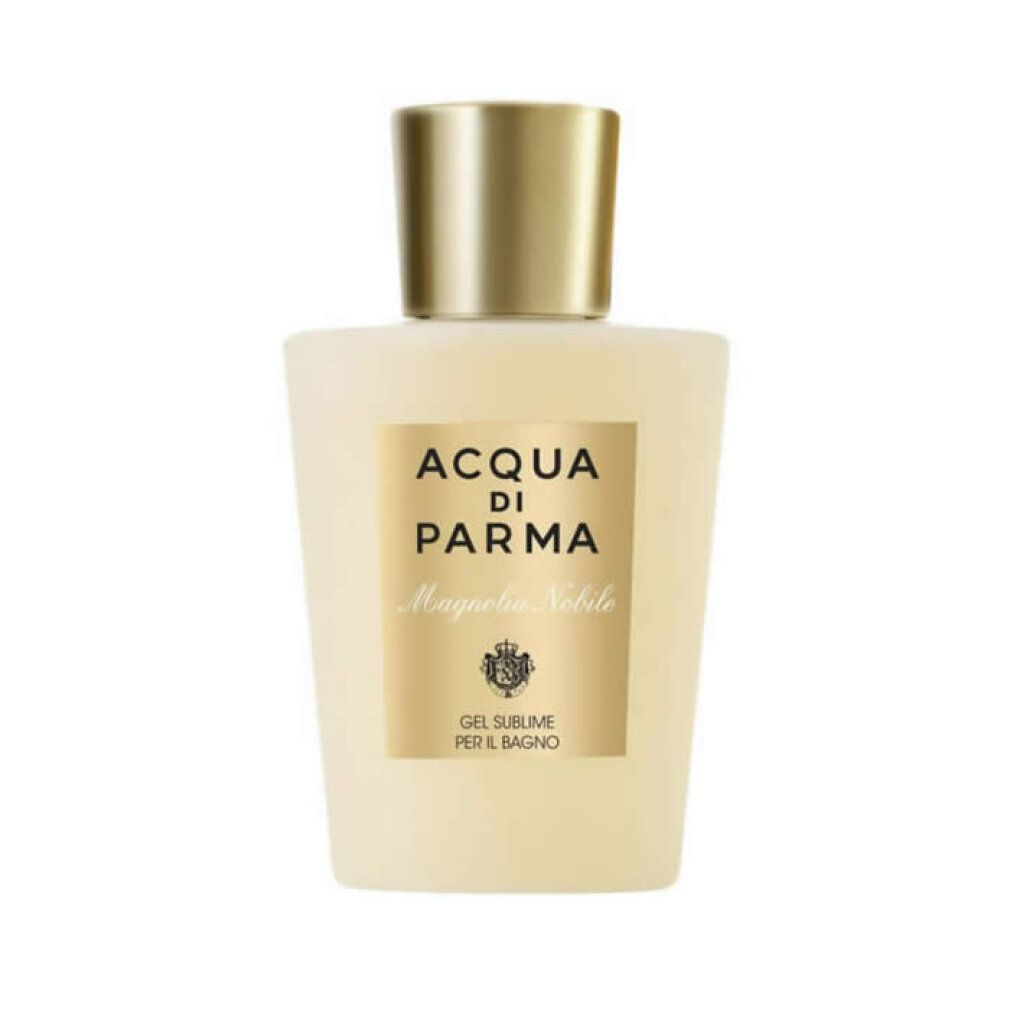 Beige Flasche mit goldfarbenem Verschluss. Aufkleber mit Text: Acqua di Parma, Magnolia Nobile. Gel Sublime Per Il Bagno.