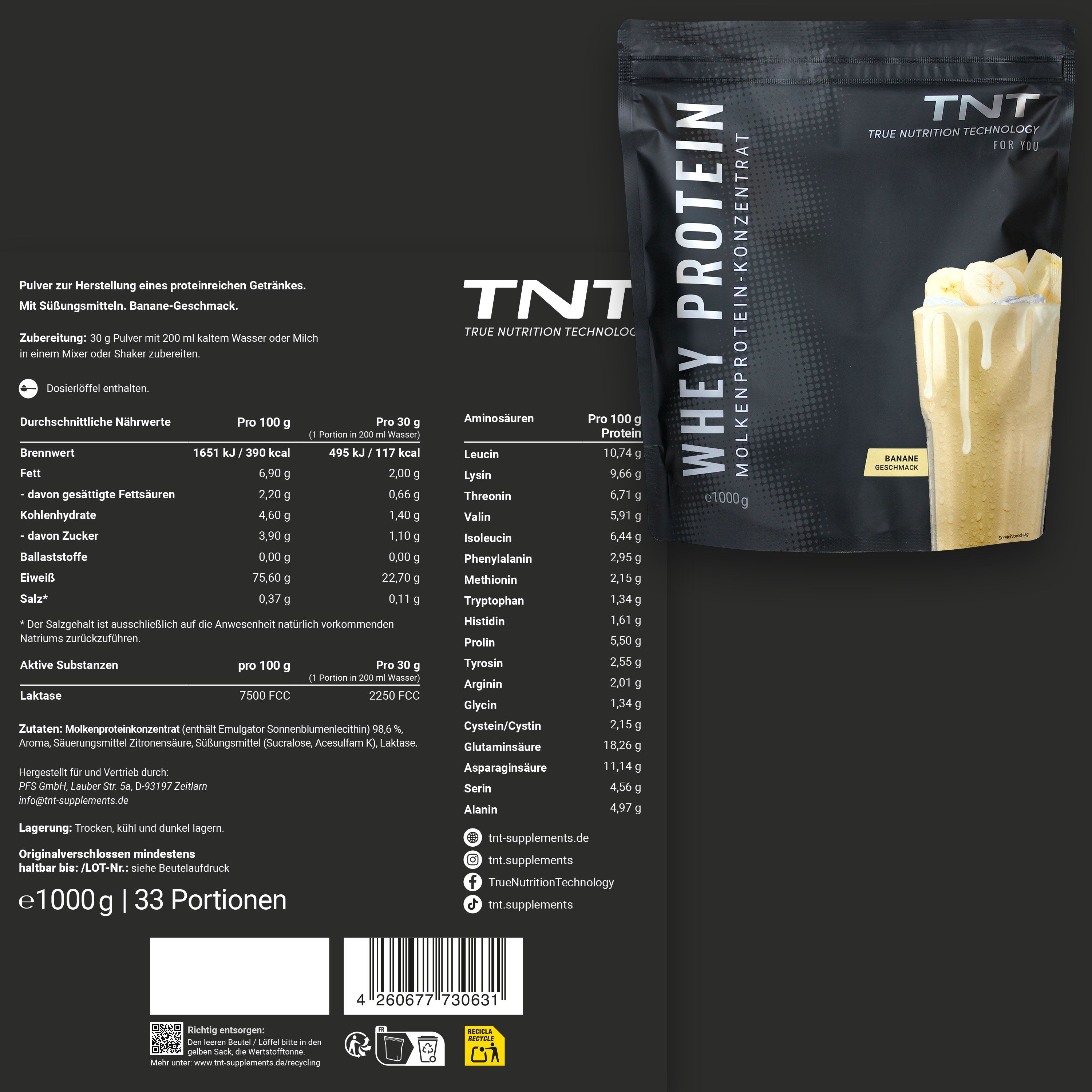 TNT Whey Protein Konzentrat Packung und Nährwerttabelle. Aufdruck: Whey Protein, Banane Geschmack. Text: Nährwertangaben, Zutaten, Portionen.