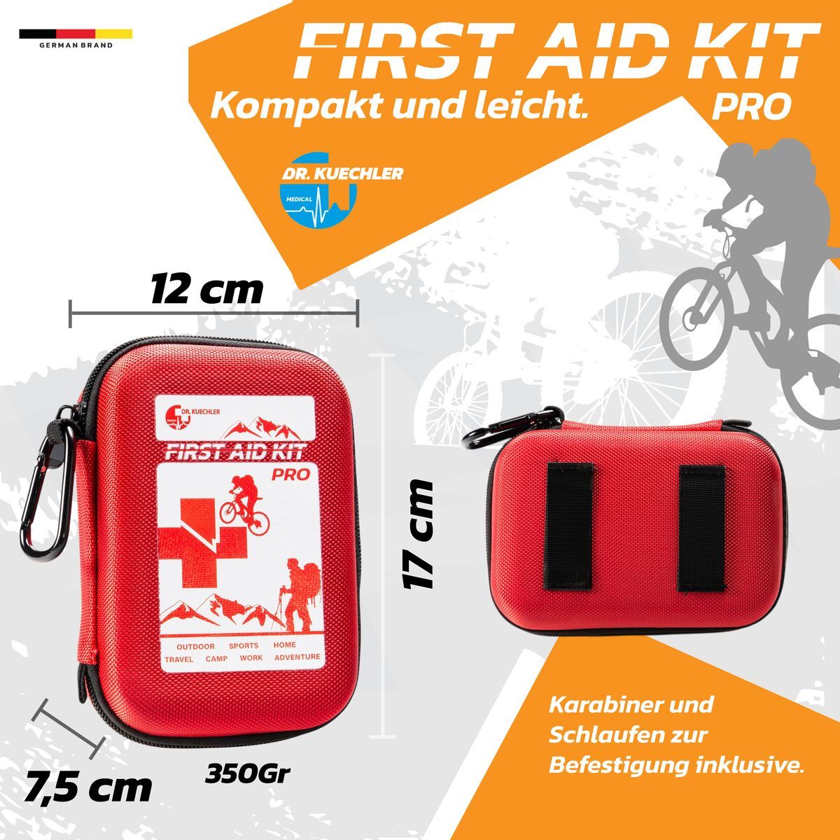 Rotes Erste-Hilfe-Set mit Maßen: 12x17x7,5 cm, 350g. Karabiner und Schlaufen zur Befestigung. Text: FIRST AID KIT PRO.