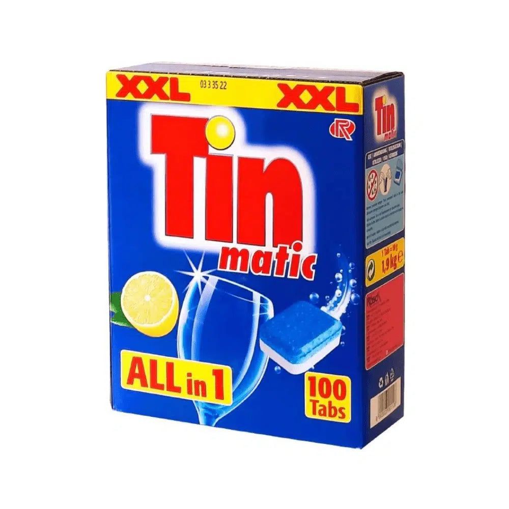 Blau-weiße Kartonverpackung mit "Tin matic"-Logo, Zitrone, Glas und Spülmaschinentabs. "ALL IN 1" und "100 Tabs" sind sichtbar.