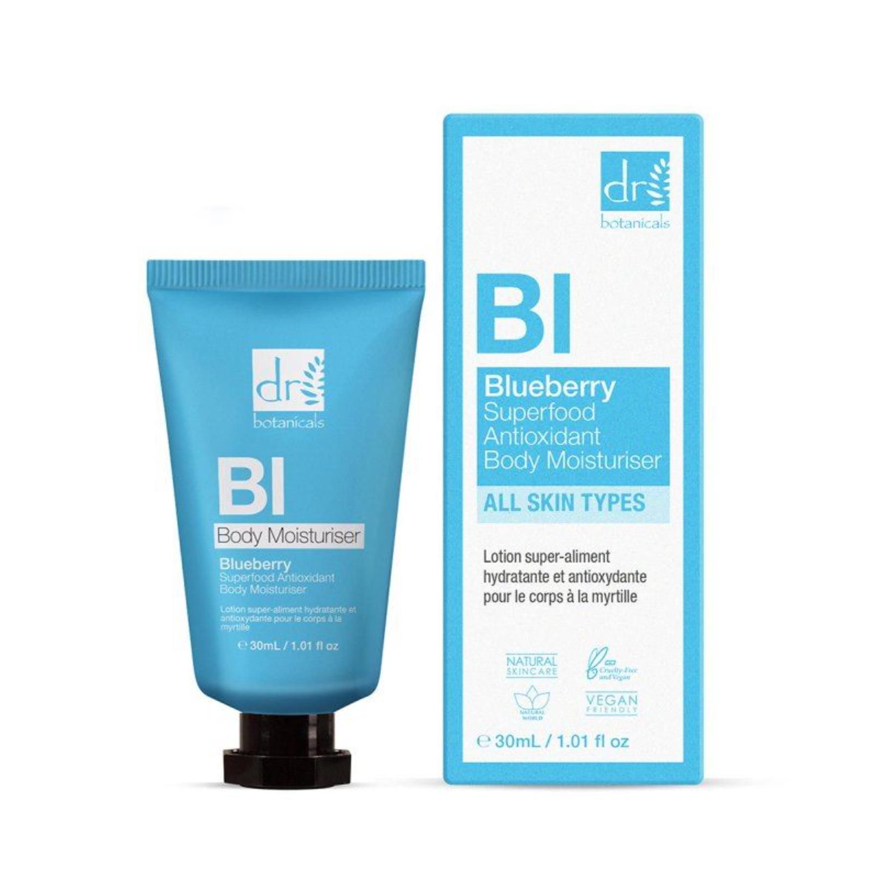 Blaue Tube und Verpackung der Dr. Botanicals Blaubeer-Körperlotion.